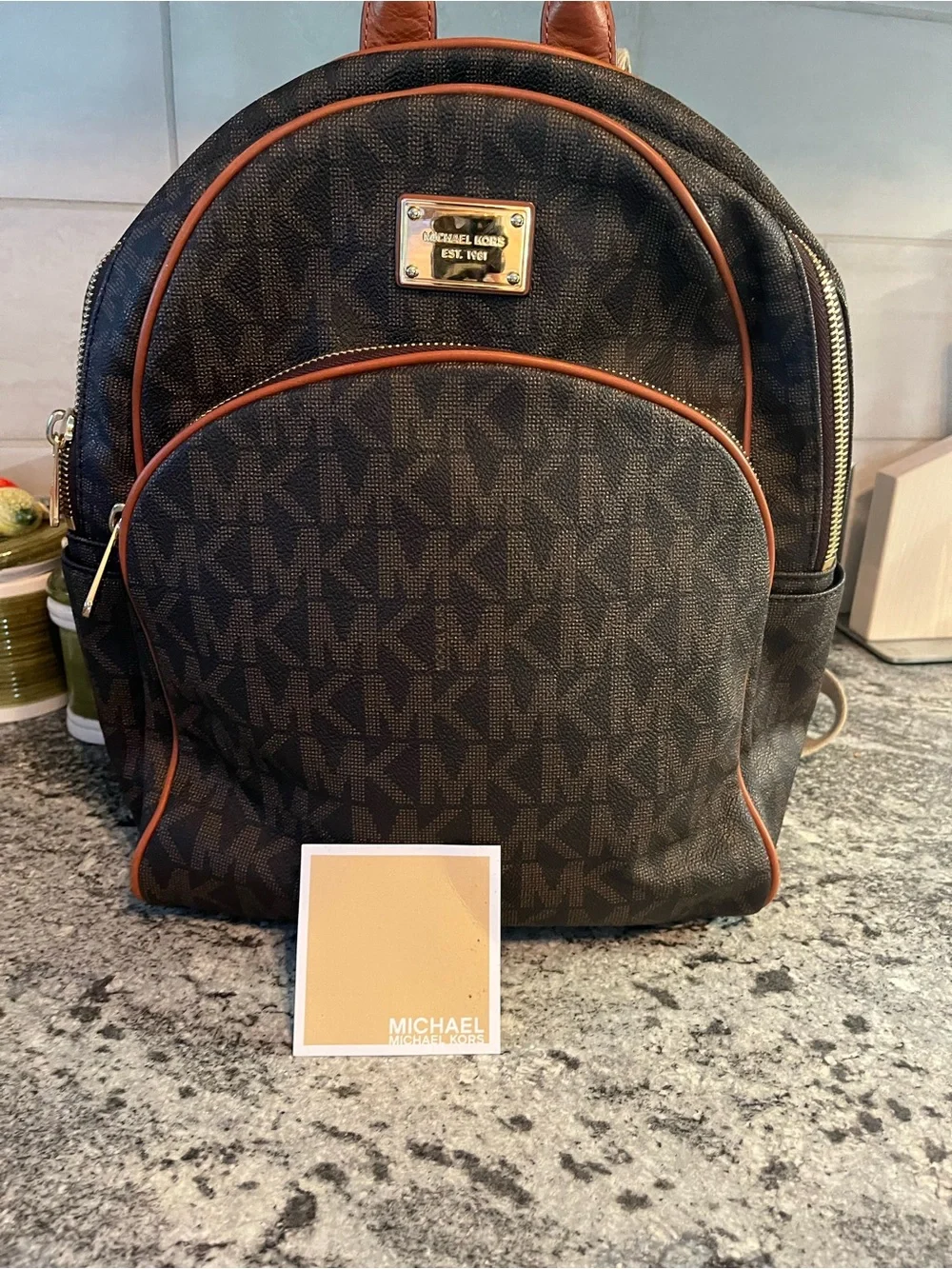 Michael Kors Large Zip-Pocket Backpack MK Brown Logo